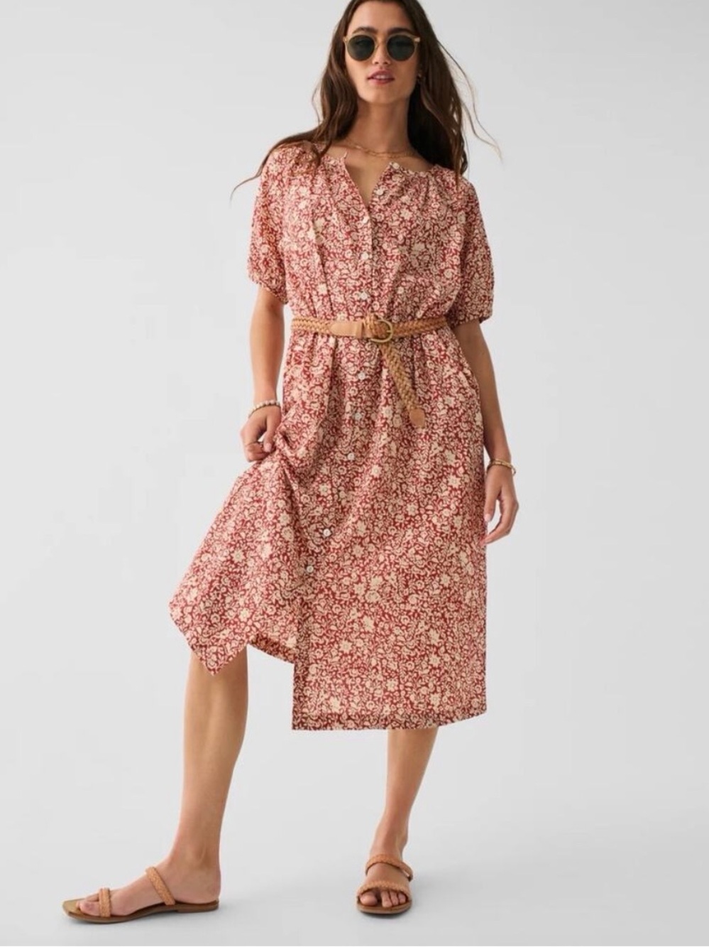 Faherty Rose-Tan Floral Print Midi Dress